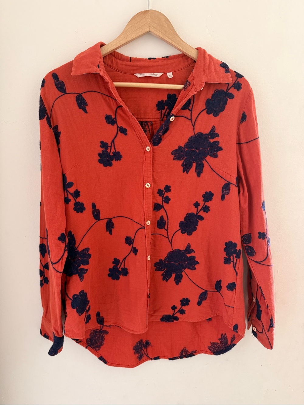 Soft Surroundings Terracotta Orange Navy Embroidered Cotton Button Down Top M